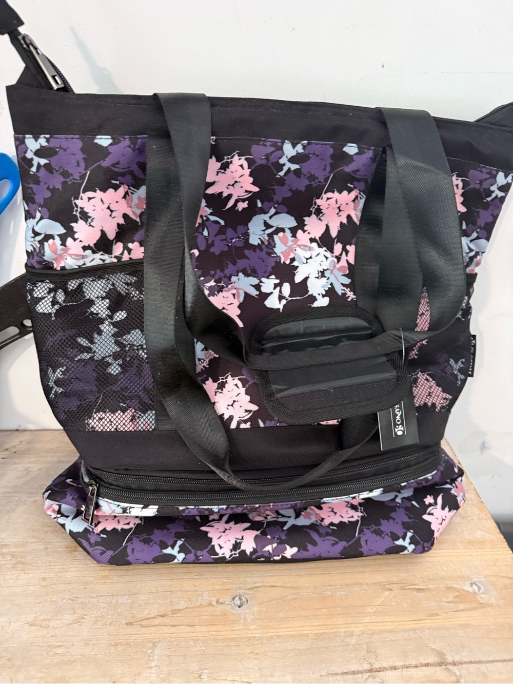 Floral Multi-Compartment Tote Bag - Black/Pink/Purple